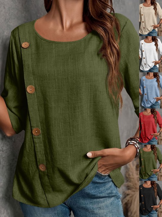 Blouses Rue Plain Été Joint Fendu Ample Demi Manche Col Rond Régulier Droit pour Femmes