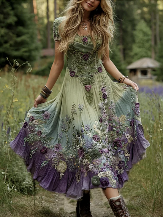 Femmes Floral Vert Col Rond Confortable Robe Maxi Décontracté