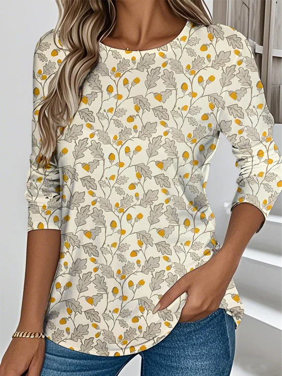 T-shirts Femmes Simple Printemps / Automne Feuille Aucune élasticité Ample Jersey Manches Longues Col Rond Non