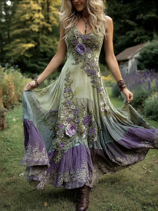 Femmes Floral Vert Col Rond Confortable Robe Maxi Décontracté