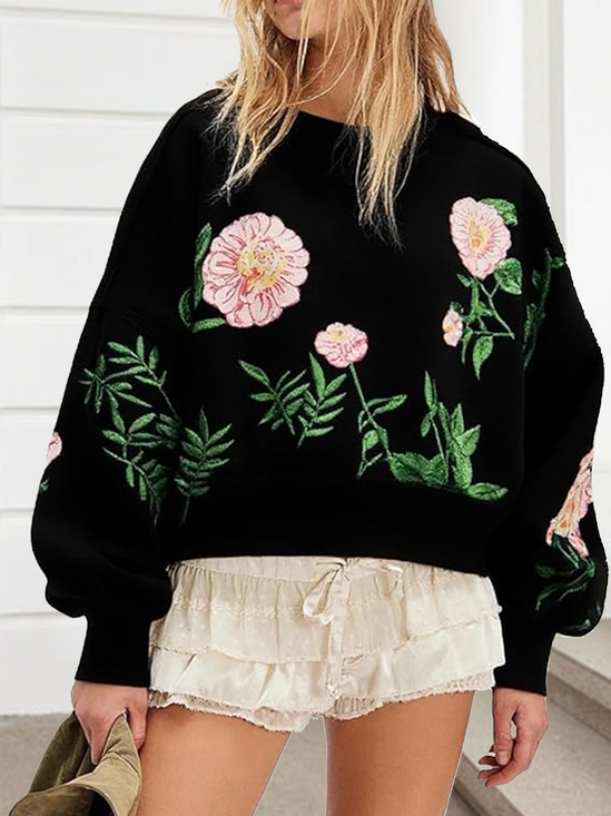Sweat-shirts Femmes Boho Floral Printemps / Automne Coton Micro-élasticité Quotidien Manches Longues Col Rond Droit