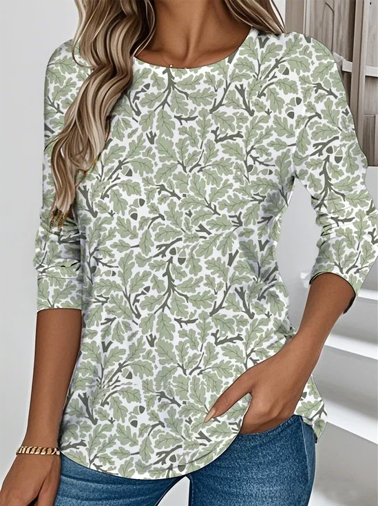 T-shirts Femmes Simple Printemps / Automne Feuille Aucune élasticité Manches Longues Col Rond Droit Régulier Non