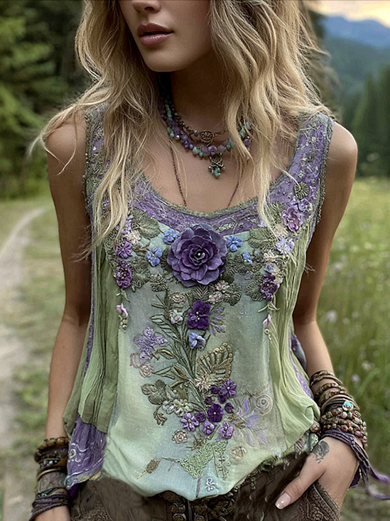 Top Débardeur Tops Décontracté Floral Été Coton Micro-élasticité Sans Manches Col Rond Régulier Régulier pour Femmes