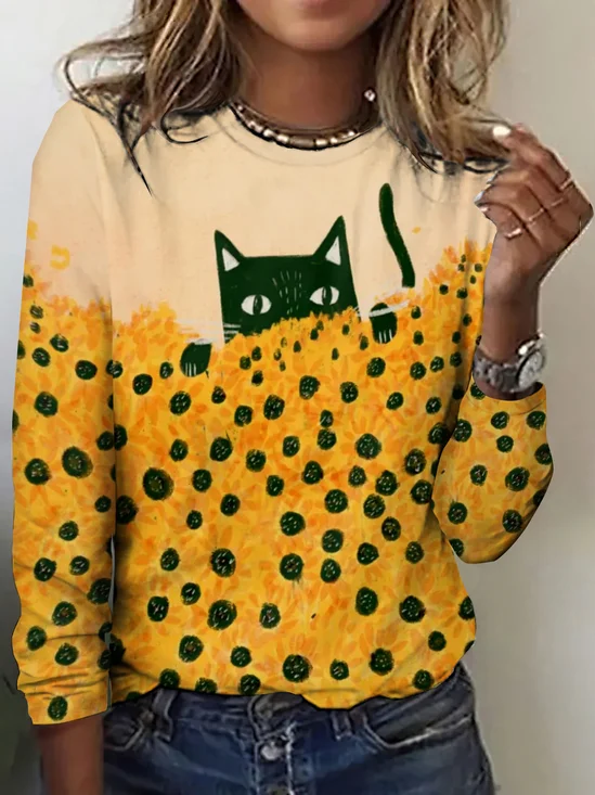 T-shirts Femmes Rétro Printemps / Automne Plaid Polyester Quotidien Coupe Régulière Manches Longues Col Rond Régulier