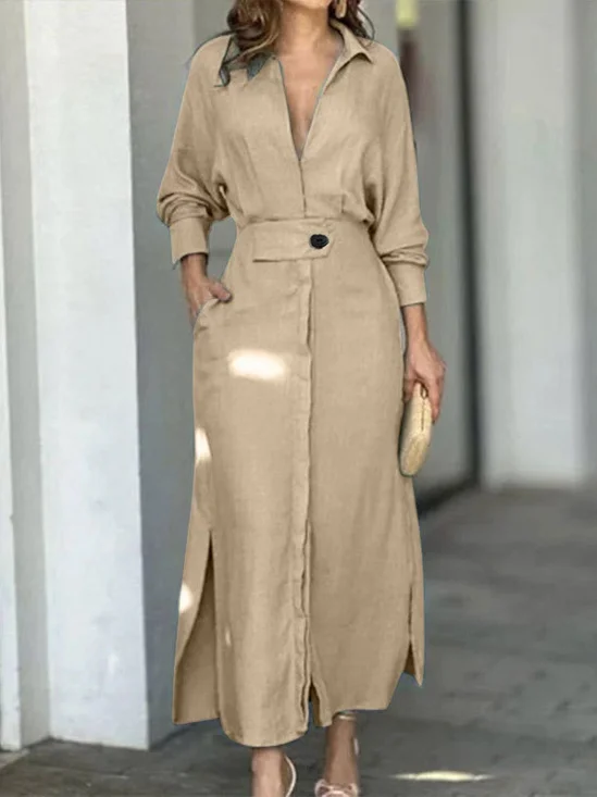 Femmes Plain Abricot Col V Confortable Joint Fendu Robe Maxi Rétro