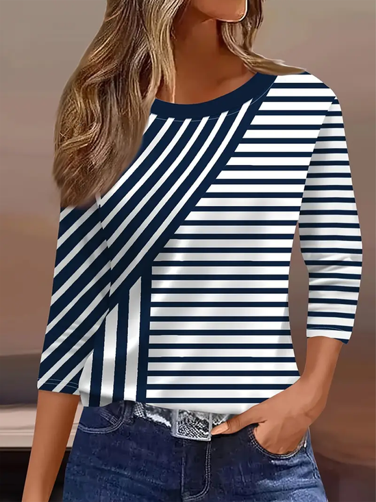 T-shirts Rayé Simple Printemps / Automne Micro-élasticité Quotidien Coupe Régulière Col Rond Régulier Régulier pour Femmes
