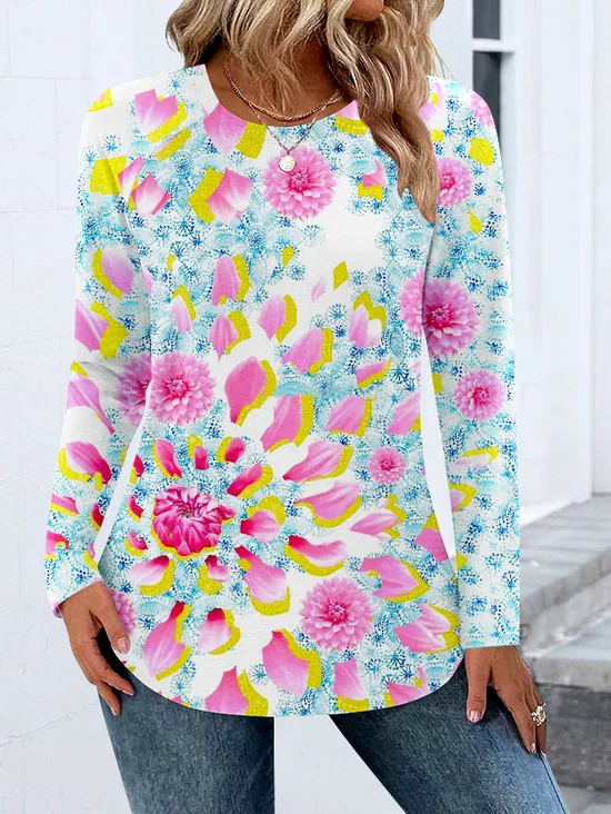 T-shirts Femmes Décontracté Bloc de Couleur Printemps / Automne Coton Micro-élasticité Coupe Régulière Col Rond Régulier Régulier