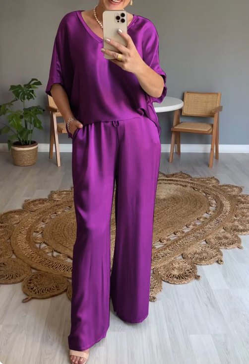 Deux Pièces Ensembles Femmes Élégant Plain Été Micro-élasticité Demi Manche Col Rond Top Avec Pantalons Droit Régulier