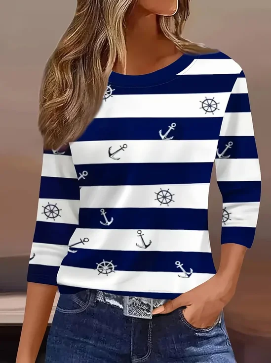 T-shirts Femmes Ancre Simple Printemps / Automne Polyester Micro-élasticité Domestique Coupe Régulière Régulier Droit