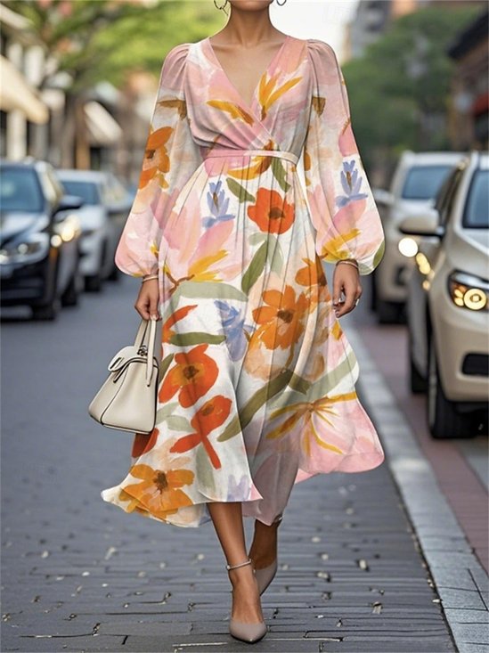 Femmes Floral Jaune Col V Confortable Robe Maxi Décontracté