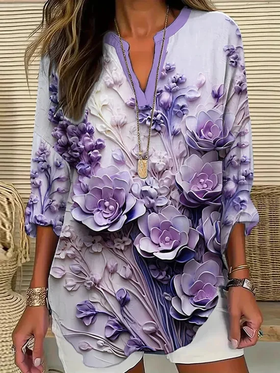 Blouses Décontracté Floral Printemps / Automne Imprimé Aucune élasticité Ample en Mélangé de Coton Régulier Trapèze pour Femmes