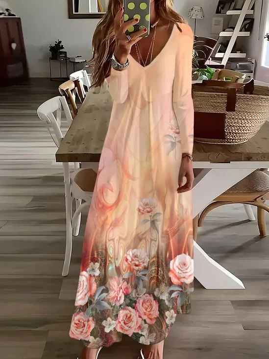 Femmes Floral Orange Col V Confortable Imprimé Robe Maxi Décontracté