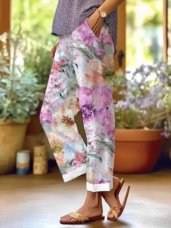 Pantalons Femmes Décontracté Floral Printemps / Automne Imprimé Aucune élasticité Quotidien Ample Long Régulier