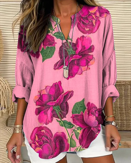 Blouses Femmes Décontracté Floral Printemps / Automne Col V Imprimé Manches Longues Régulier Trapèze Régulier