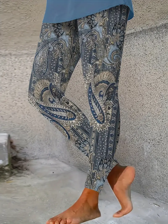 Pantalons De Yoga Décontracté Motif Cachemire Toutes Les Saisons Naturel à Haute Élasticité Jersey Long Droit Régulier pour Femmes
