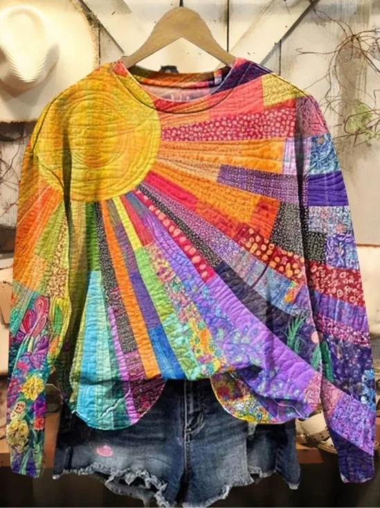 Sweat-shirts Ethnique Soleil Printemps / Automne Coton Micro-élasticité Domestique Col Rond Régulier Droit pour Femmes