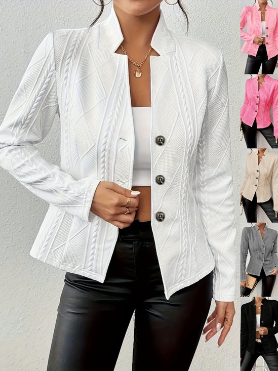 Micro-élasticité Faux Col Manches Longues Devant Ouvert Régulier Géométrique Blazer Gaufrage pour Femmes