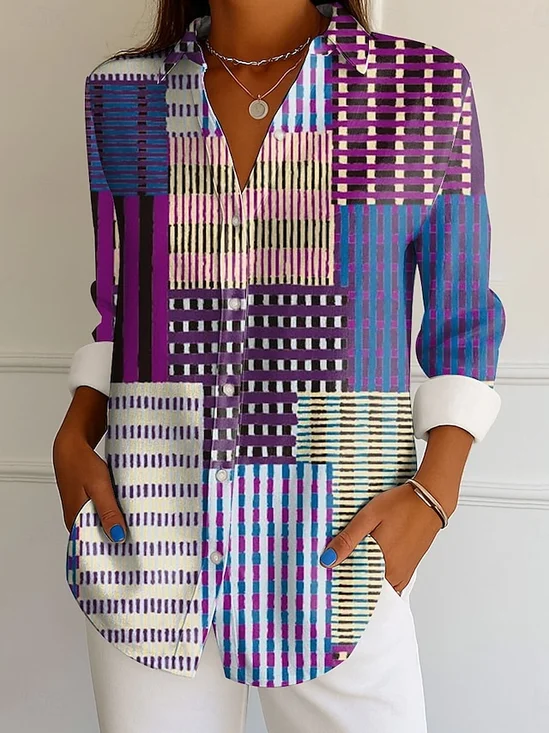 Chemises Géométrique Décontracté Printemps / Automne Polyester Col V Coupe Régulière Manches Longues Trapèze Régulier pour Femmes
