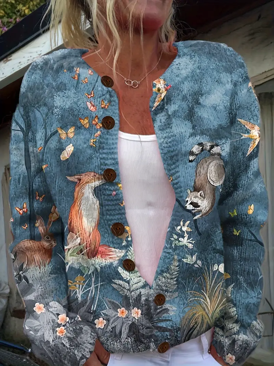 Cardigans Femmes Rétro Floral Printemps / Automne Tricoté Micro-élasticité Ample Col Rond Régulier Droit