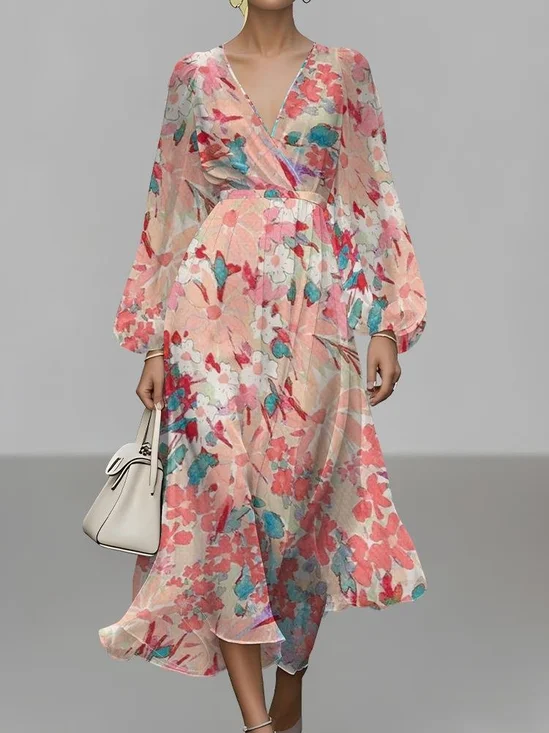 Femmes Floral Jaune Col V Confortable Robe Maxi Sexy