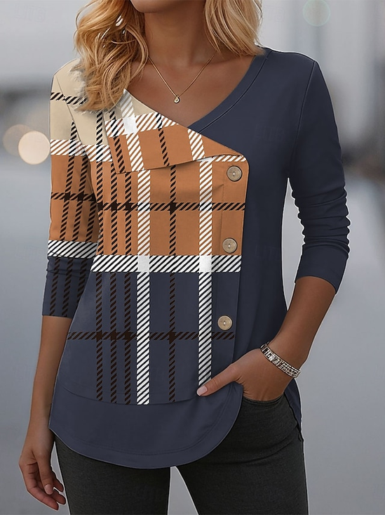 T-shirts Décontracté Printemps / Automne Bloc de Couleur Polyester Col V Quotidien Manches Longues Régulier Régulier pour Femmes