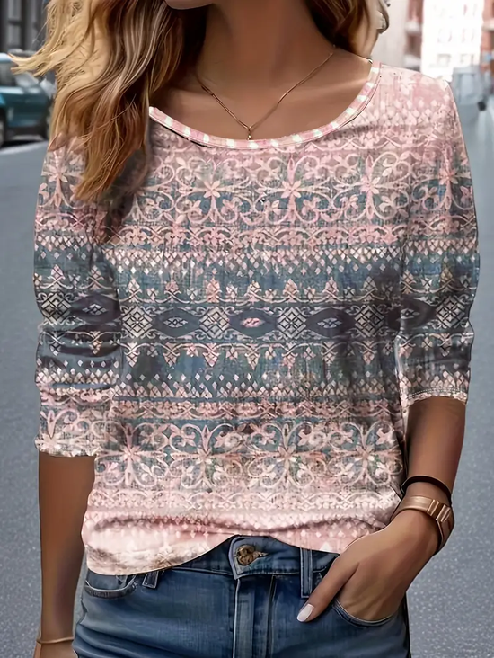 T-shirts Décontracté Floral Printemps / Automne Imprimé Quotidien Ample Manches Longues Col Rond Droit pour Femmes