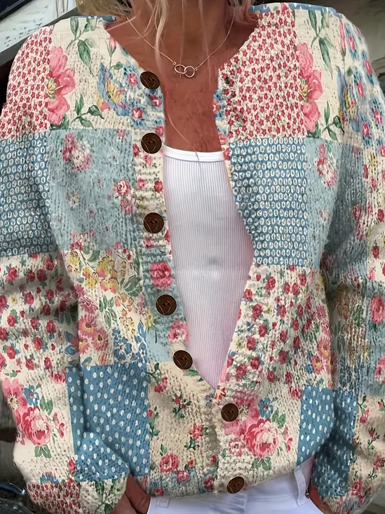 Cardigans Femmes Rétro Multicolore Bloc Printemps / Automne Tricoté Micro-élasticité Vacances Manches Longues Col Rond Régulier