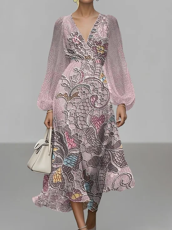 Femmes Floral Violet Col V Confortable Robe Maxi Sexy