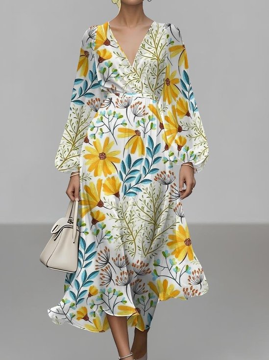 Femmes Floral Jaune Col V Confortable Robe Maxi Sexy