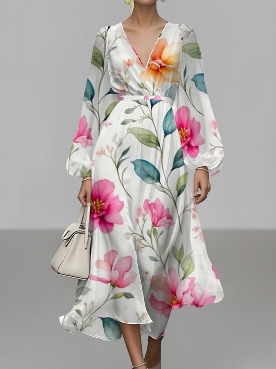 Femmes Floral Blanc Col V Confortable Robe Maxi Sexy
