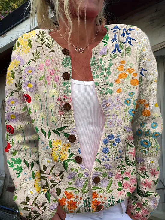 Cardigans Femmes Décontracté Floral Printemps / Automne Tricoté Ample Boutons Manches Longues Col Rond Régulier