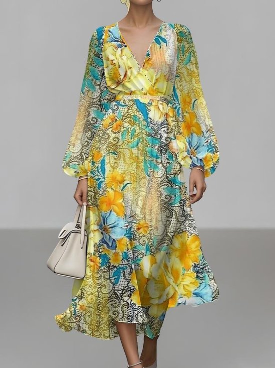 Femmes Floral Jaune Col V Confortable Robe Maxi Sexy