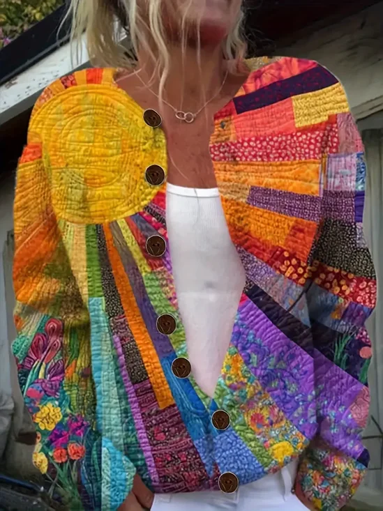 Cardigans Femmes Rétro Ethnique Printemps / Automne Tricoté Micro-élasticité Manches Longues Col Rond Droit Régulier