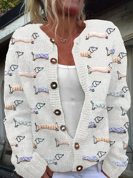 Cardigans Femmes Simple Imprimé d'Animal Printemps / Automne Tricoté Micro-élasticité Manches Longues Col Rond Droit Régulier