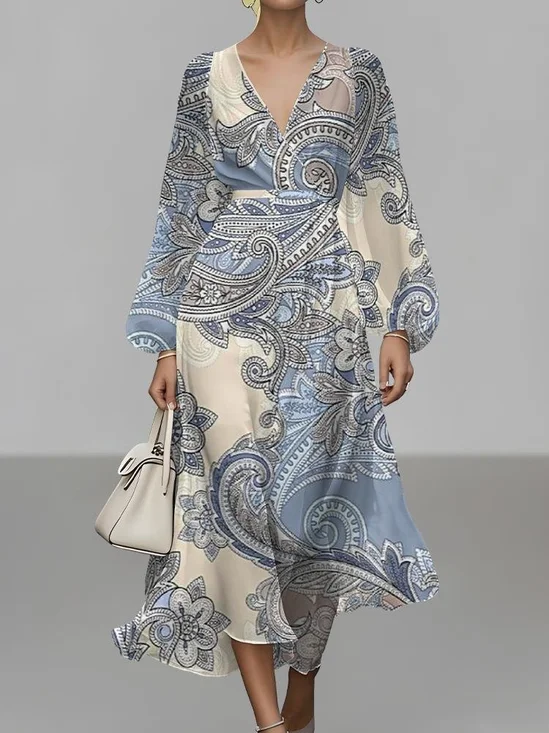 Femmes Motif Cachemire Bleu Col V Confortable Robe Maxi Sexy