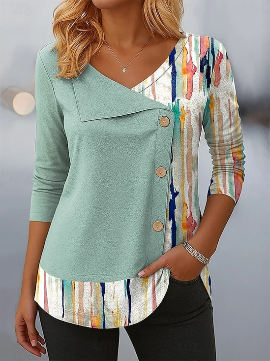 T-shirts Décontracté Printemps / Automne Coutures contrastées Coton Col V Micro-élasticité Coupe Régulière Manches Longues Régulier pour Femmes