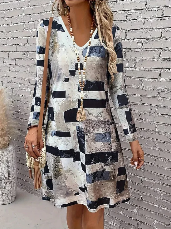 Femmes Géométrique Couleur 1 Col V Confortable Robe Mi-Longue Rétro