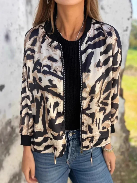 Micro-élasticité Col Montant Manches Longues Régulier Motif Léopard Blouson Aviateur Blouson Imprimé pour Femmes