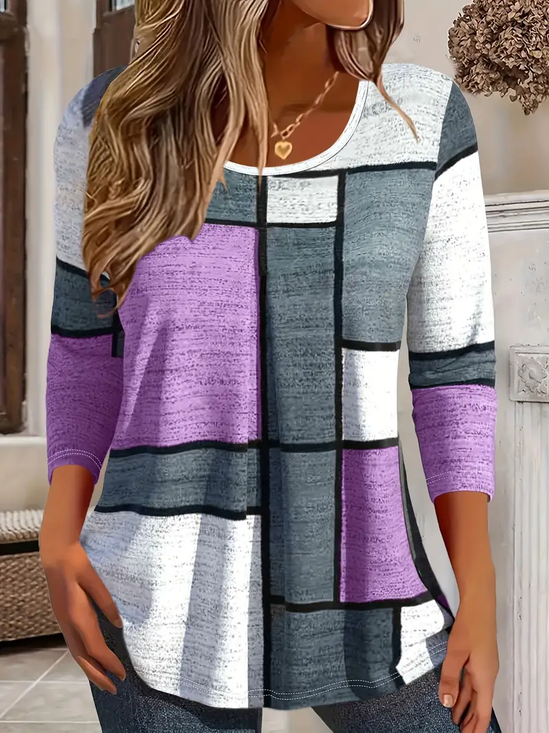 T-shirts Décontracté Printemps / Automne Plaid Micro-élasticité Quotidien Jersey Manches Longues Col Rond Régulier pour Femmes