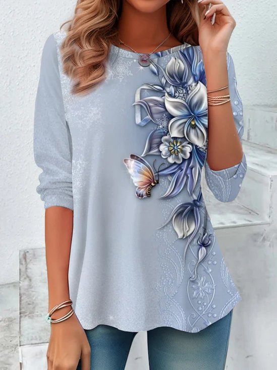 T-shirts Décontracté Floral Printemps / Automne Imprimé Jersey Col Rond Régulier Droit Régulier pour Femmes
