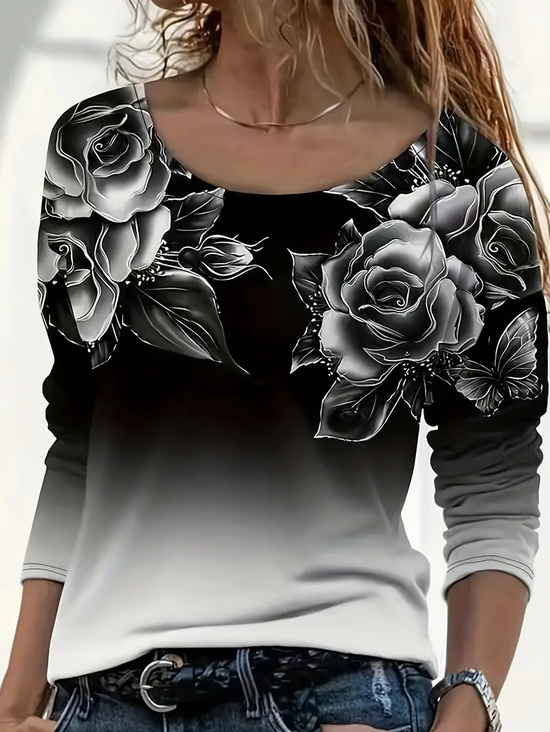 T-shirts Décontracté Floral Printemps / Automne Imprimé Quotidien Ample Jersey Droit Régulier pour Femmes