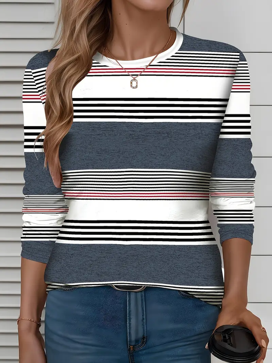 T-shirts Femmes Rayé Décontracté Printemps / Automne Imprimé Quotidien Jersey Manches Longues Droit Régulier