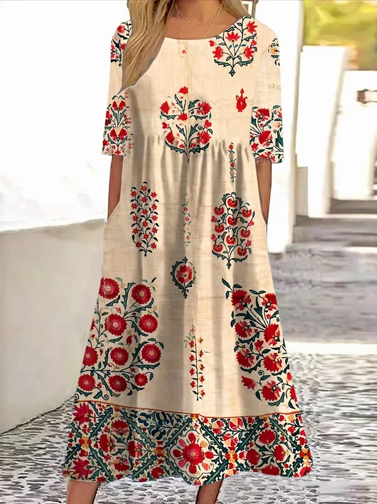 Femmes Rayé Rouge Col Rond Confortable Robe Maxi Décontracté