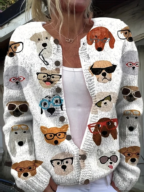 Cardigans Rétro Printemps / Automne Chien Tricoté Micro-élasticité Vacances Manches Longues Col Rond Régulier pour Femmes