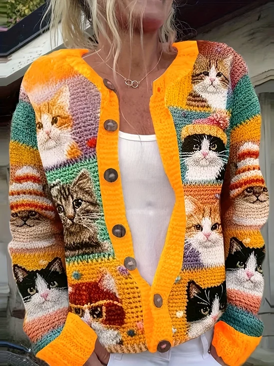 Cardigans Femmes Rétro Printemps / Automne Imprimé d'Animal image Micro-élasticité Ample Boutons Col Rond Régulier Droit