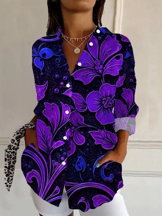Chemises Décontracté Floral Printemps / Automne Quotidien Régulier Droit Boucle Régulier Col de Chemise pour Femmes