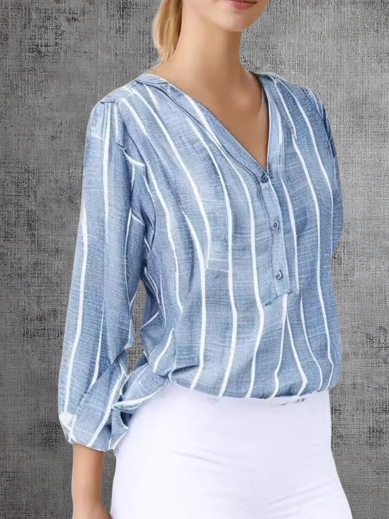 Chemises Rayé Dame Romance Printemps / Automne Col V Boucle Micro-élasticité Manches Longues Régulier Droit pour Femmes