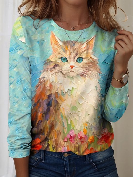 T-shirts Simple Imprimé d'Animal Printemps / Automne Domestique Ample Jersey Manches Longues Col Rond Droit pour Femmes
