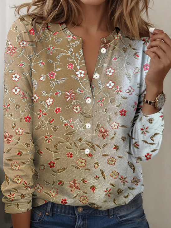 T-shirts Rétro Floral Printemps / Automne Coton Manches Longues Col Rond Régulier Droit Régulier pour Femmes