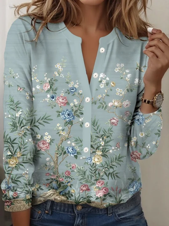 T-shirts Femmes Rétro Floral Printemps / Automne Micro-élasticité Ample Col Rond Régulier Droit Régulier